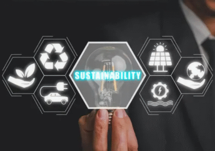 1 Hand holding a light bulb with the word 'SUSTAINABILITY' surrounded by icons representing eco-friendly practices, renewable energy, recycling, electric vehicles, and environmental conservation