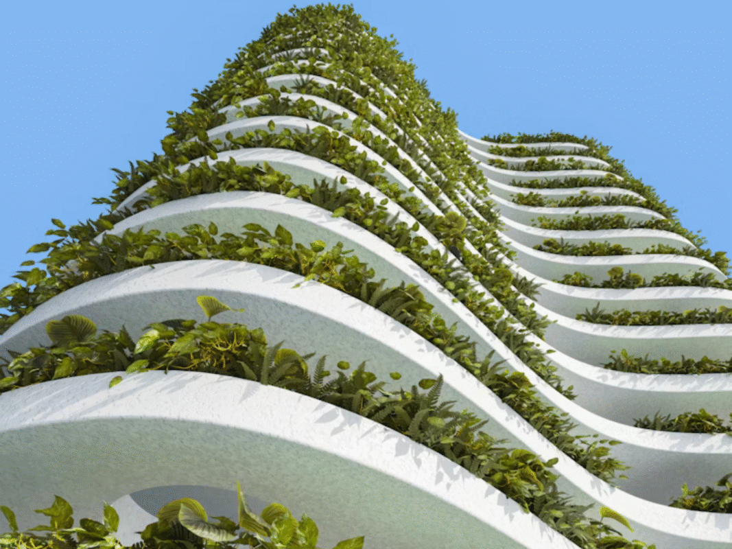 Sustainable high-rise with white curved balconies featuring vertical garden design.