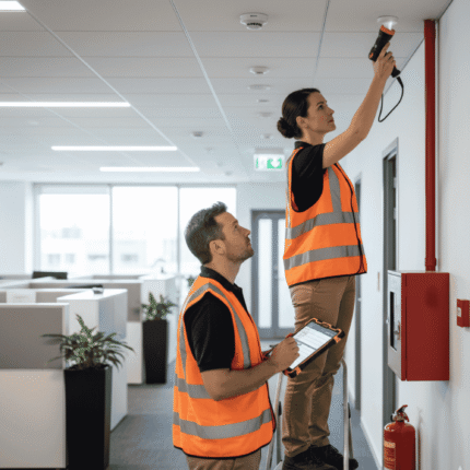 2 Two engineers in safety vests performing building inspection; one checking fire safety equipment with a flashlight while the other records data on a tablet inside a modern office