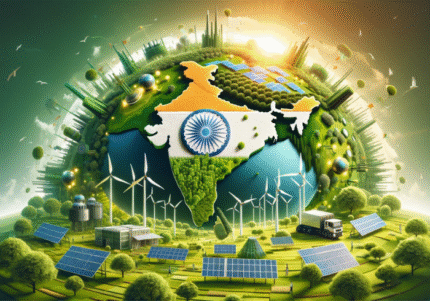 3 Illustration of India’s map integrated with renewable energy sources like solar panels, wind turbines, and greenery, symbolizing sustainable development and clean energy in India