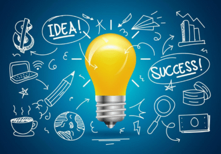 4 Creative concept illustration featuring a glowing light bulb surrounded by doodles of ideas, success, innovation, and business growth symbols on a blue background
