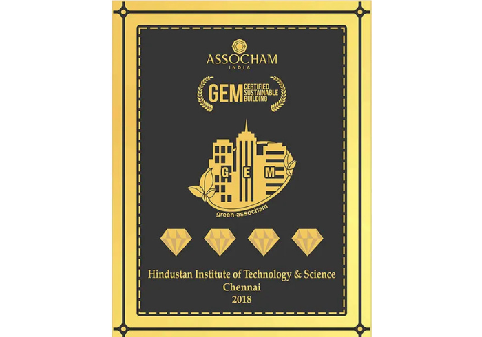 ASSOCHAM GEM Certified Sustainable Building award plaque for Hindustan Institute of Technology and Science, Chennai 2018. Infranox Global Solutions.