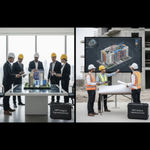 Architects and engineers discussing MEPF design with 3D building model and digital projection-Infranox Global Solutions