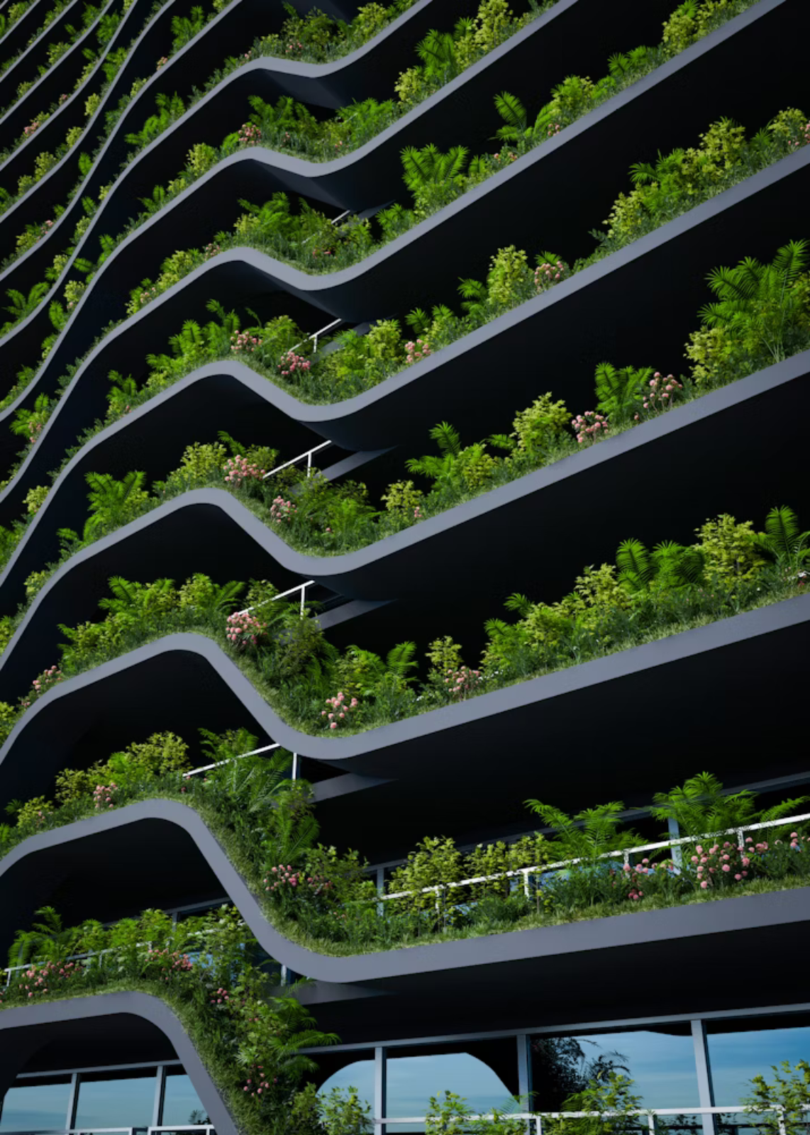 Modern green building with curved balconies covered in lush plants and vegetation.
