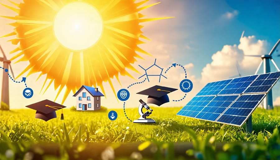 Infranox Global Solutions sustainable energy concept with sun, solar panels, wind turbines and eco-friendly home