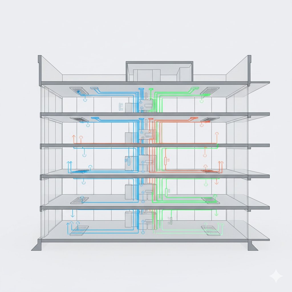 3D sectional model showing energy, water, and ventilation systems in a sustainable building. Infranox Global Solutions.