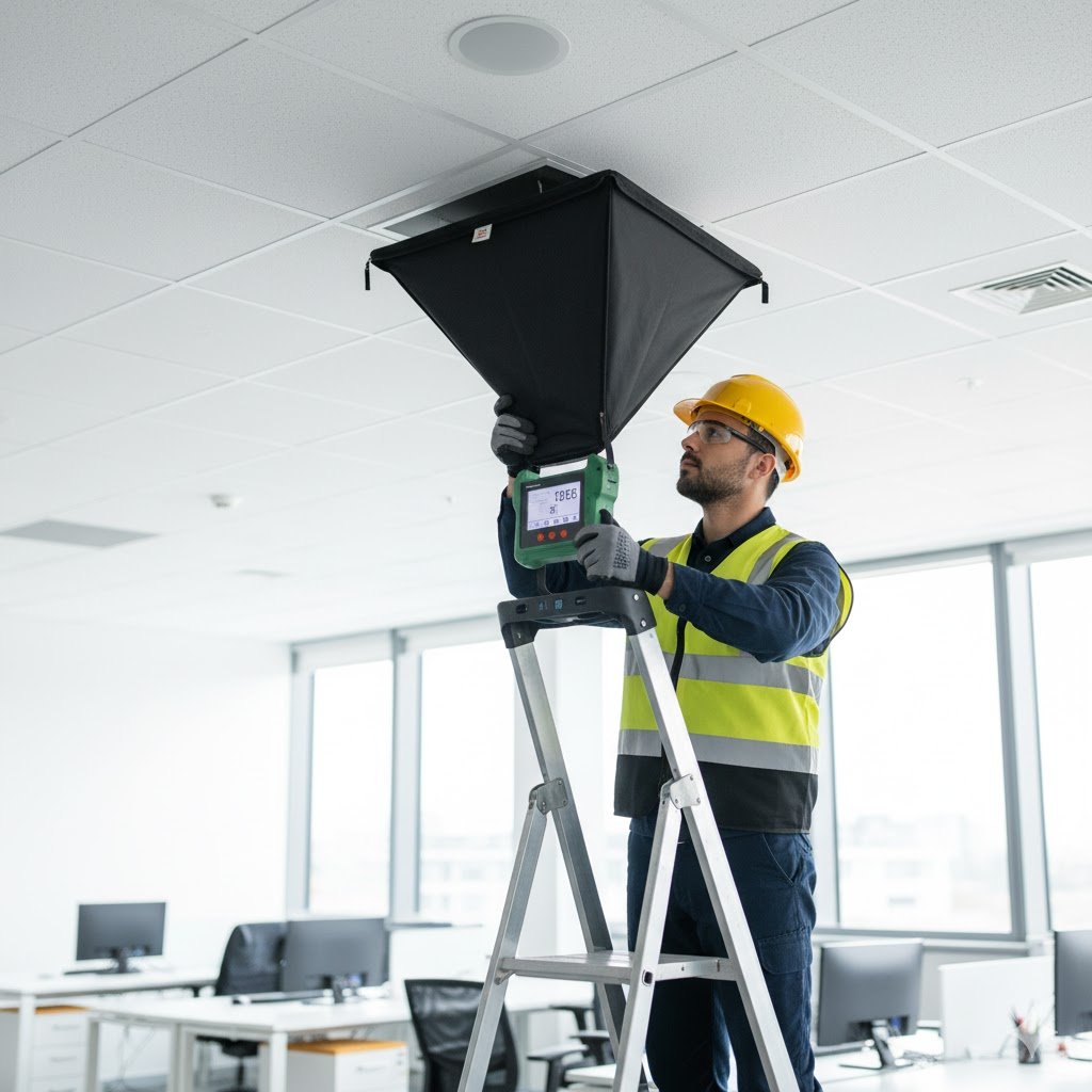 Engineer performing HVAC airflow testing and balancing in an office building using specialized equipment. Infranox Global Solutions.